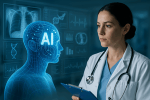 Professionista sanitario osserva dati clinici su uno schermo, supportato da intelligenza artificiale in ambiente ospedaliero