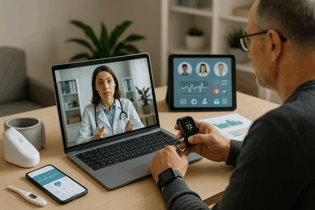 Illustrazione digitale che rappresenta un medico che consulta dati sanitari su tablet per un paziente a distanza, simbolo dell’uso della telemedicina nel sistema sanitario italiano.