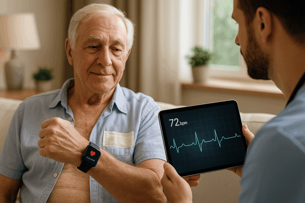 Persona adulta in convalescenza a casa controlla un dispositivo wearable per il monitoraggio dei parametri vitali post-operatori